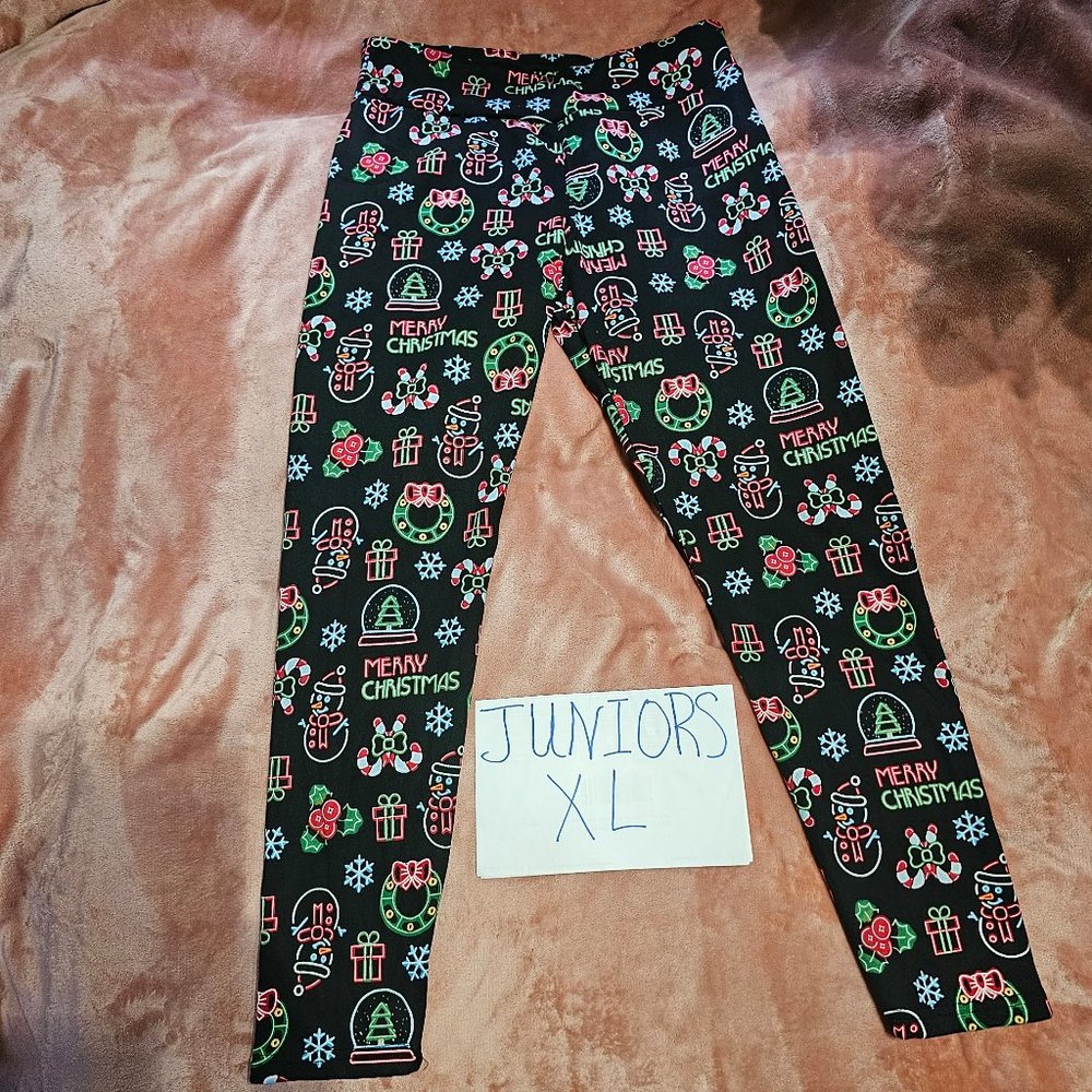 Juniors XL Neon Christmas Lights Faux Fur Lined Black Pull On Legging Bottoms